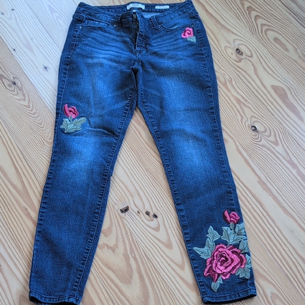 Vintage America Blue Jeans with Pink Floral Embroidery